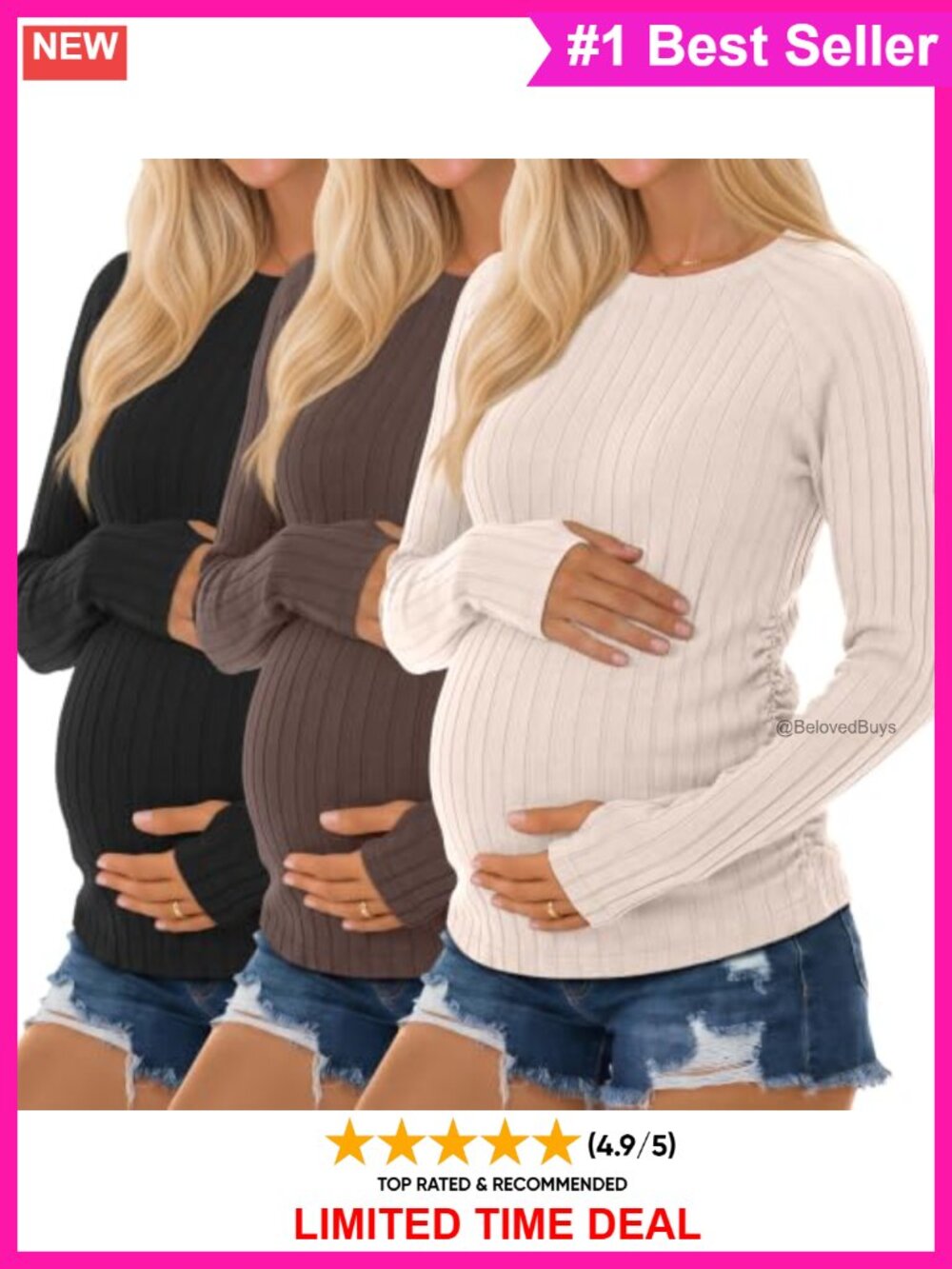 Women's Maternity Ribbed Long Sleeve Shirt 3 Pack Thumb Hole Ruched Top